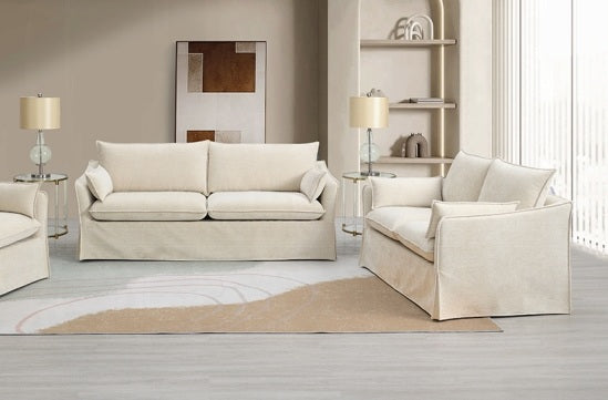 Acme LV02910-11 2 pc Shane beige linen like fabric sofa and love seat set flared arms skirted base