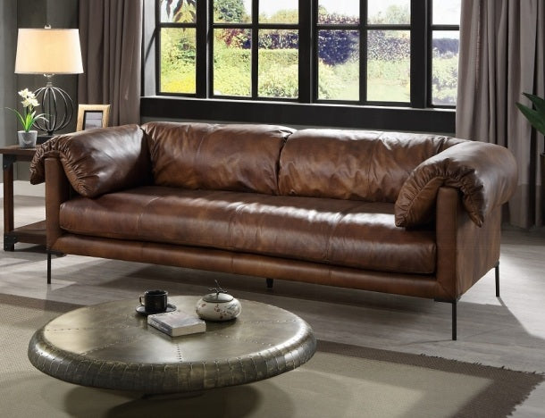 Acme LV02980 Jaron mocha top grain leather overstuffed low back style 96" sofa