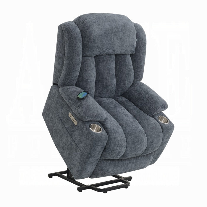 Acme LV02996 Omarion blue velvet fabric power lift recliner chair with heat and massage and USB charger