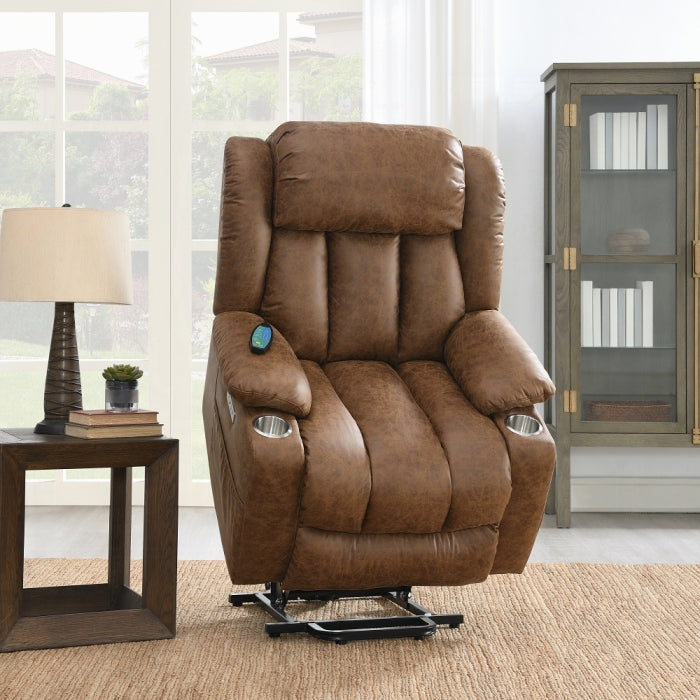 Acme LV02997 Omarion brown faux leather power lift recliner chair with heat and massage and USB charger