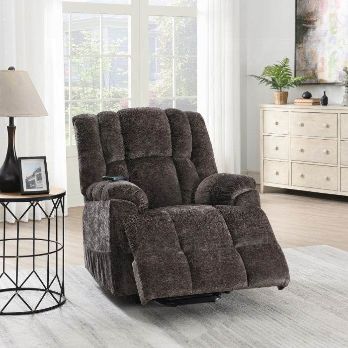 Acme LV02998 Pacay brown velvet fabric power lift recliner chair with heat and massage and USB charger