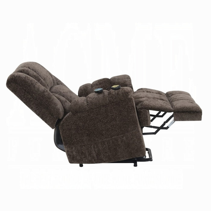 Acme LV02998 Pacay brown velvet fabric power lift recliner chair with heat and massage and USB charger