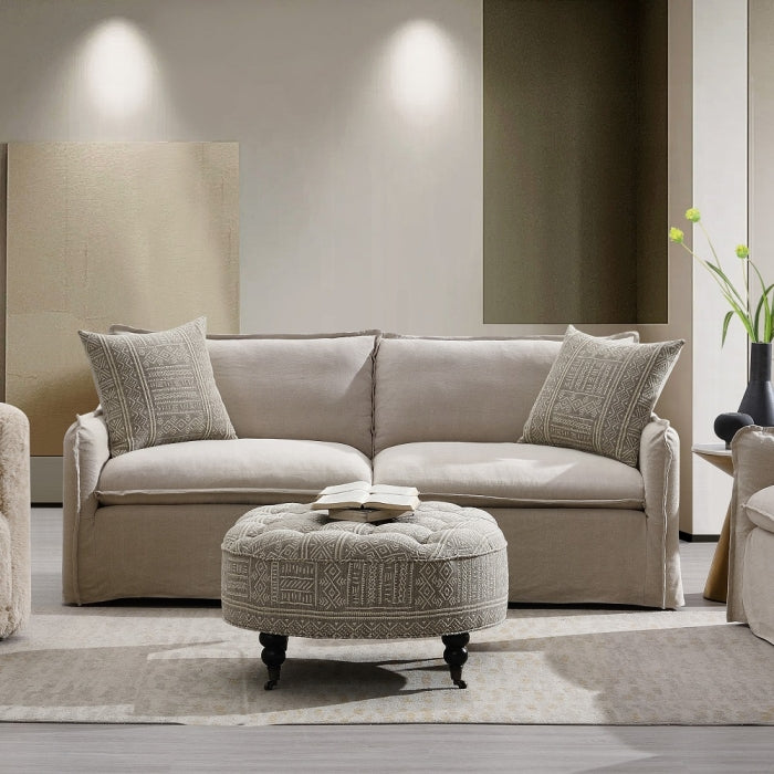 Acme LV03080-81 2 pc Upendo beige linen fabric square tapered arms sofa and love seat set