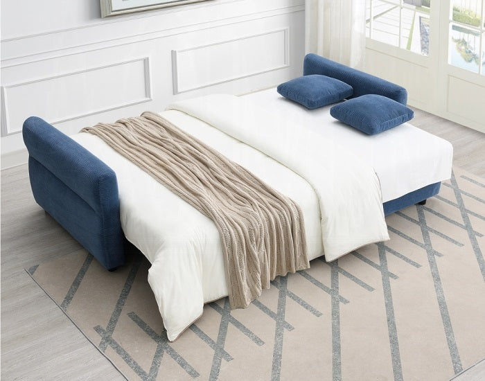 Acme LV03120 Haran blue linen like fabric sofa fold out sleep area