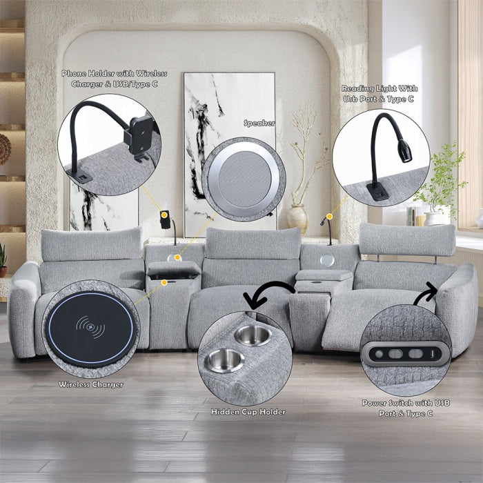 Acme LV03310 5 pc Fullar light grey chenille theater seating sectional sofa with wireless chargers and LEd lighting cup holders