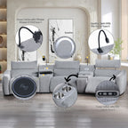 Acme LV03310 5 pc Fullar light grey chenille theater seating sectional sofa with wireless chargers and LEd lighting cup holders