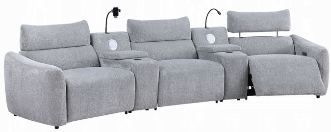 Acme LV03310 5 pc Fullar light grey chenille theater seating sectional sofa with wireless chargers and LEd lighting cup holders