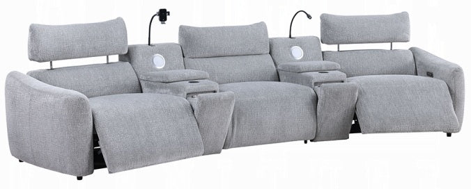 Acme LV03310 5 pc Fullar light grey chenille theater seating sectional sofa with wireless chargers and LEd lighting cup holders