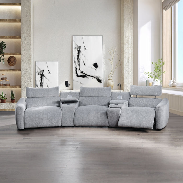 Acme LV03310 5 pc Fullar light grey chenille theater seating sectional sofa with wireless chargers and LEd lighting cup holders