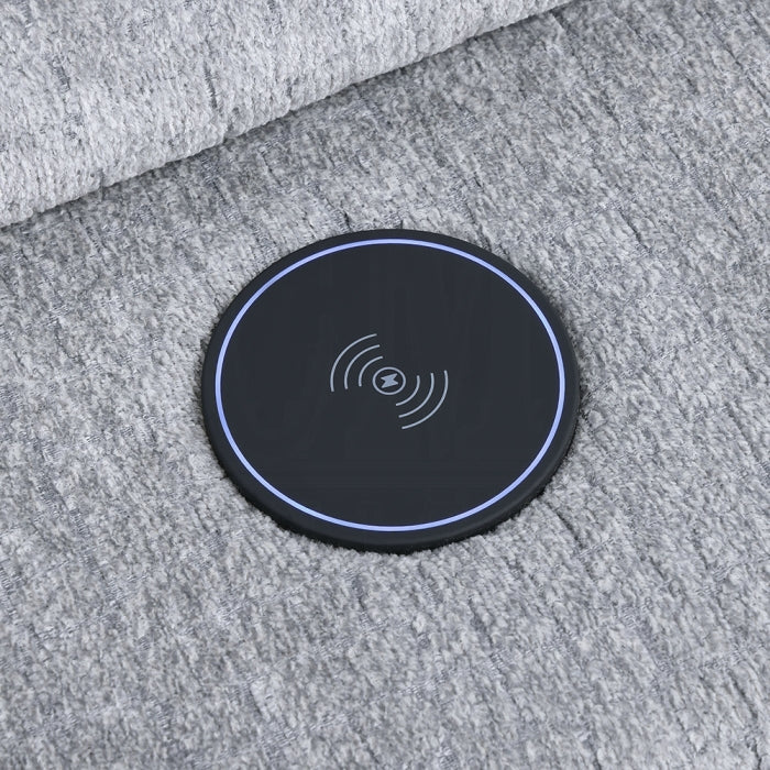 Acme LV03310 5 pc Fullar light grey chenille theater seating sectional sofa with wireless chargers and LEd lighting cup holders