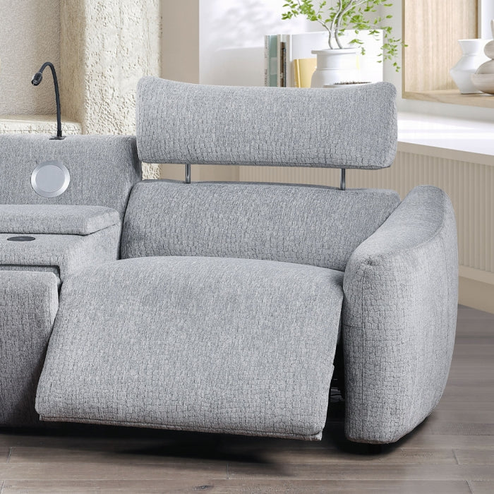 Acme LV03310 5 pc Fullar light grey chenille theater seating sectional sofa with wireless chargers and LEd lighting cup holders