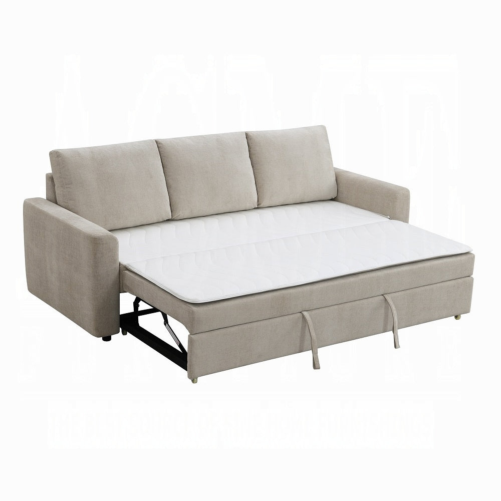 Acme LV03490 Leira beige linen like fabric sofa fold out sleep area
