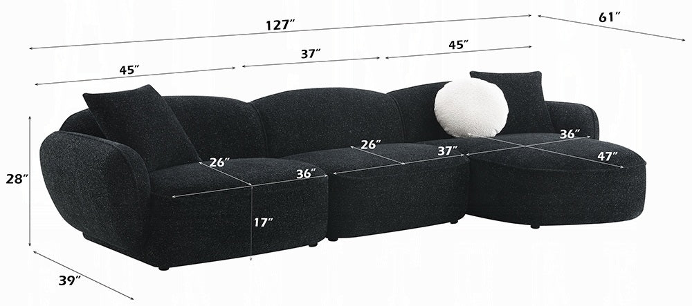 Acme LV03525 3 pc Lucifer black fabric 127" sectional sofa with chaise and throw pillows