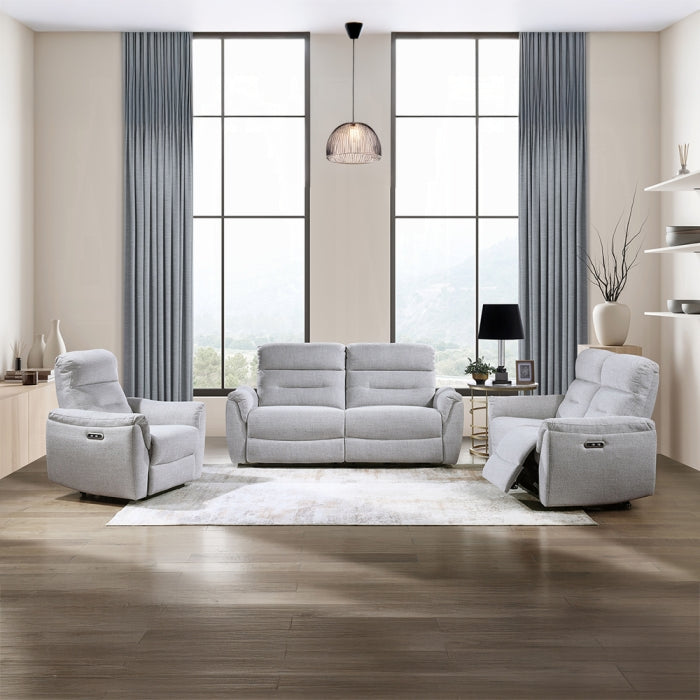 Acme LV03585-86 2 pc Eastre beige chenille sofa and love seat set power motion recliner ends USB ports