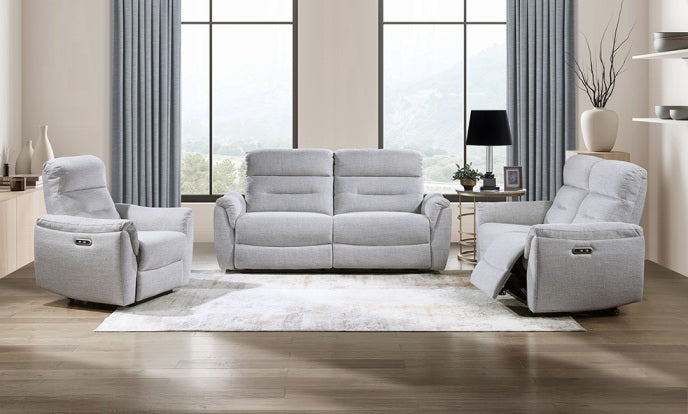 Acme LV03585-86 2 pc Eastre beige chenille sofa and love seat set power motion recliner ends USB ports
