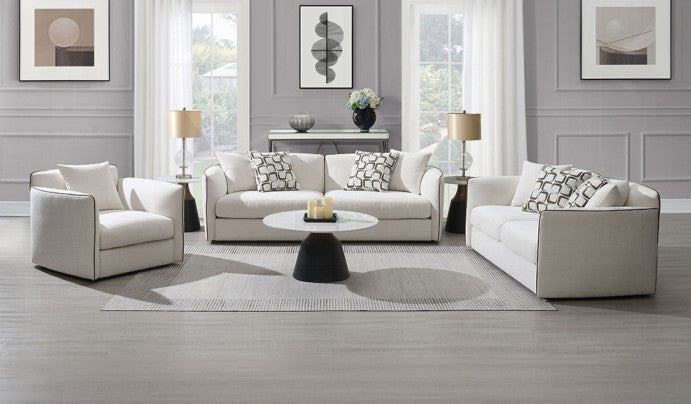 Acme LV03605-06 2 pc set Yolanda beige chenille fabric piping trim tapered edges sofa and love seat set