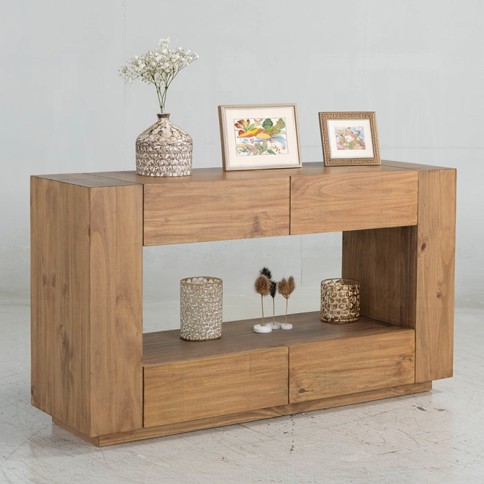 Acme LV03777 Harlan brown finish wood sofa entry console table with 4 drawers rustic cube design