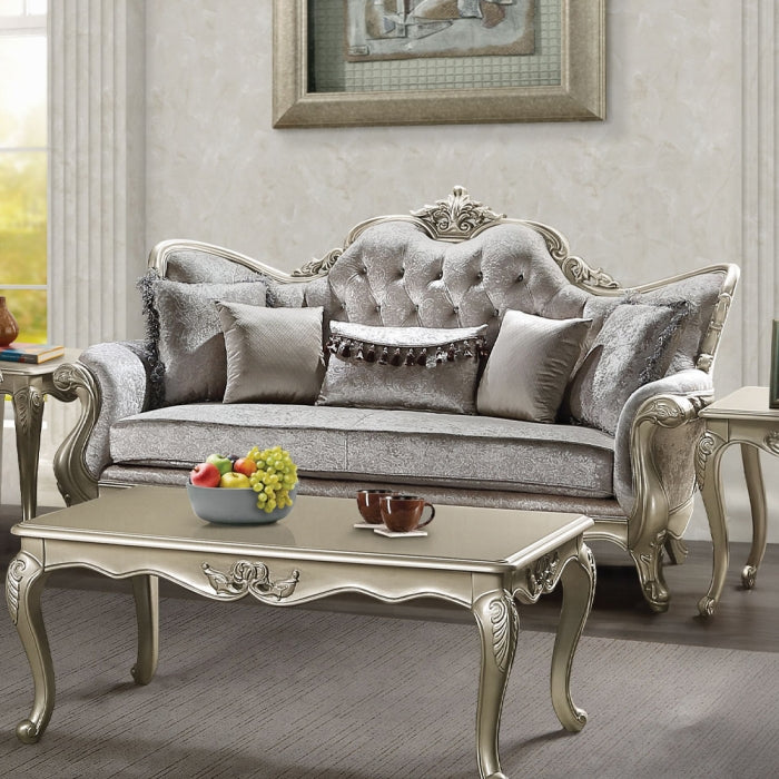 Acme LV03820-21 2 pc Libertee champagne silver finish ornate wood beige fabric traditional sofa and love seat set tufted back