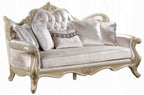 Acme LV03820-21 2 pc Libertee champagne silver finish ornate wood beige fabric traditional sofa and love seat set tufted back