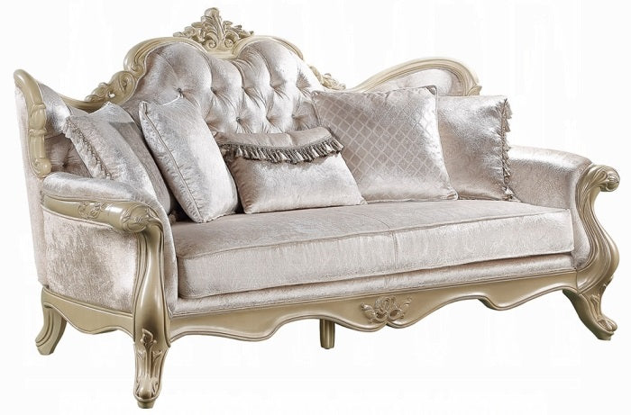 Acme LV03820-21 2 pc Libertee champagne silver finish ornate wood beige fabric traditional sofa and love seat set tufted back