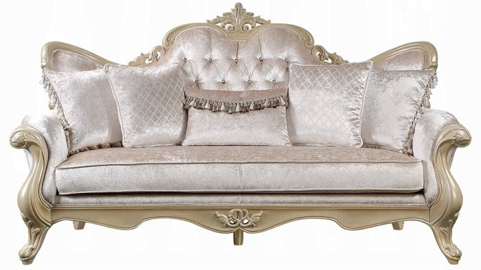 Acme LV03820-21 2 pc Libertee champagne silver finish ornate wood beige fabric traditional sofa and love seat set tufted back