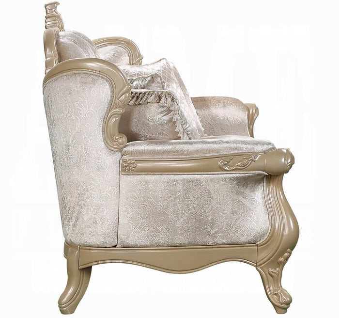 Acme LV03820-21 2 pc Libertee champagne silver finish ornate wood beige fabric traditional sofa and love seat set tufted back
