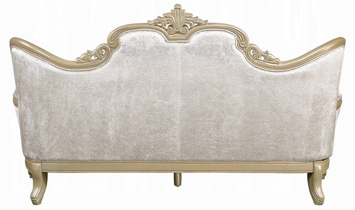 Acme LV03820-21 2 pc Libertee champagne silver finish ornate wood beige fabric traditional sofa and love seat set tufted back