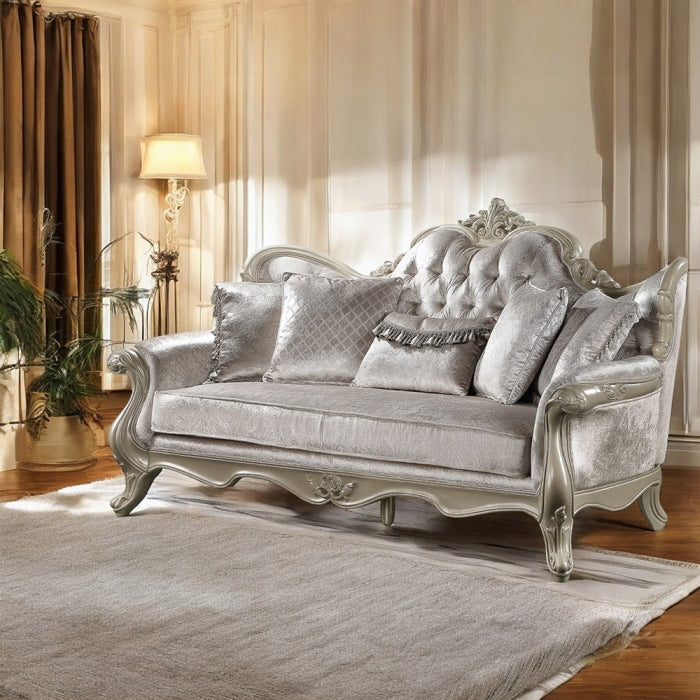Acme LV03820-21 2 pc Libertee champagne silver finish ornate wood beige fabric traditional sofa and love seat set tufted back