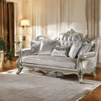 Acme LV03820-21 2 pc Libertee champagne silver finish ornate wood beige fabric traditional sofa and love seat set tufted back