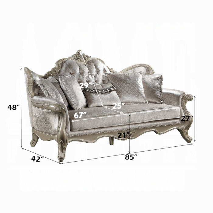 Acme LV03820-21 2 pc Libertee champagne silver finish ornate wood beige fabric traditional sofa and love seat set tufted back