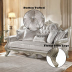 Acme LV03820-21 2 pc Libertee champagne silver finish ornate wood beige fabric traditional sofa and love seat set tufted back