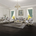 Acme LV03820-21 2 pc Libertee champagne silver finish ornate wood beige fabric traditional sofa and love seat set tufted back