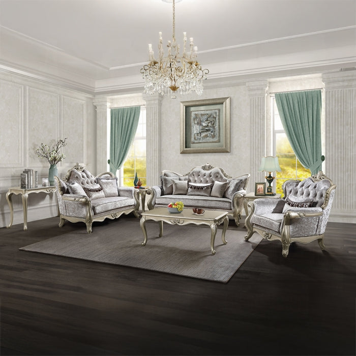 Acme LV03820-21 2 pc Libertee champagne silver finish ornate wood beige fabric traditional sofa and love seat set tufted back