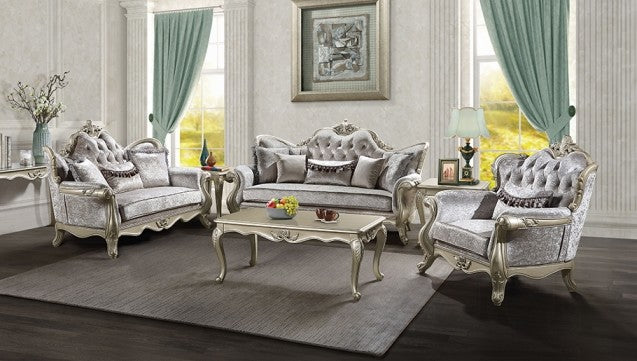 Acme LV03820-21 2 pc Libertee champagne silver finish ornate wood beige fabric traditional sofa and love seat set tufted back