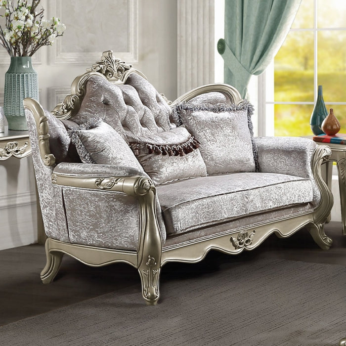 Acme LV03820-21 2 pc Libertee champagne silver finish ornate wood beige fabric traditional sofa and love seat set tufted back