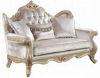 Acme LV03820-21 2 pc Libertee champagne silver finish ornate wood beige fabric traditional sofa and love seat set tufted back