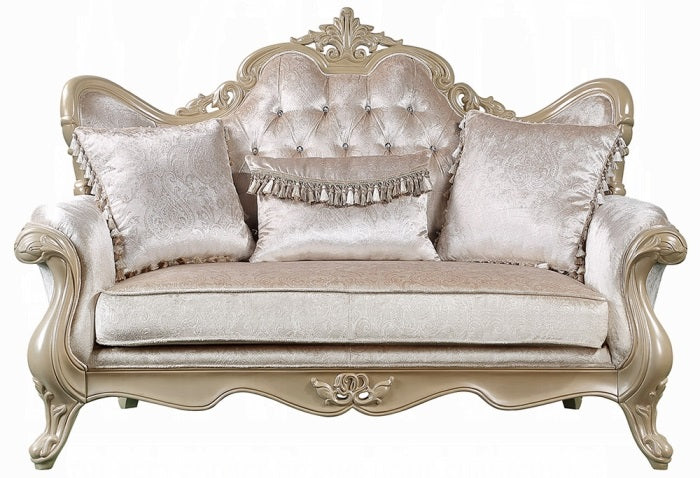 Acme LV03820-21 2 pc Libertee champagne silver finish ornate wood beige fabric traditional sofa and love seat set tufted back