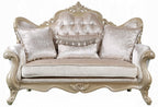 Acme LV03820-21 2 pc Libertee champagne silver finish ornate wood beige fabric traditional sofa and love seat set tufted back