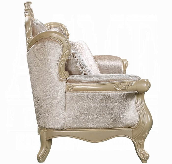 Acme LV03820-21 2 pc Libertee champagne silver finish ornate wood beige fabric traditional sofa and love seat set tufted back