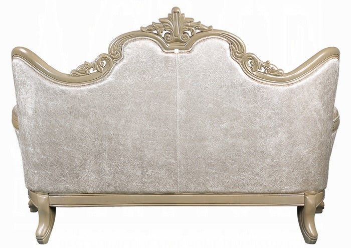Acme LV03820-21 2 pc Libertee champagne silver finish ornate wood beige fabric traditional sofa and love seat set tufted back