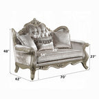 Acme LV03820-21 2 pc Libertee champagne silver finish ornate wood beige fabric traditional sofa and love seat set tufted back