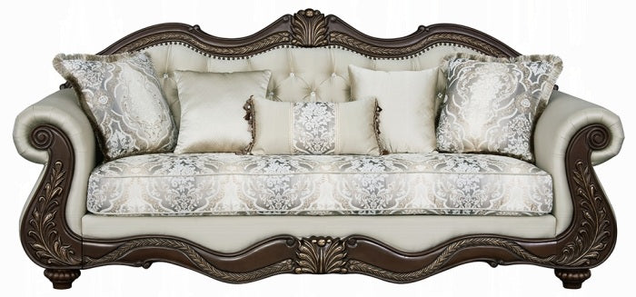 Acme LV03830-31 2 pc set Pierce cherry finish wood beige fabric traditional sofa and love seat with ornate accents