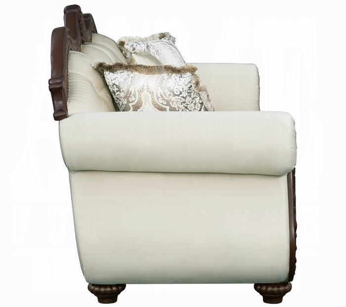 Acme LV03830-31 2 pc set Pierce cherry finish wood beige fabric traditional sofa and love seat with ornate accents