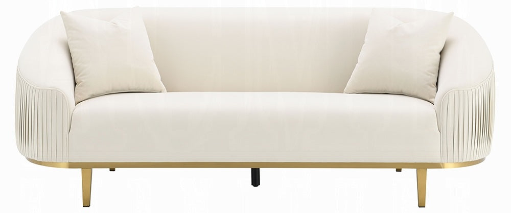 Acme LV03850-51 2 pc Martina ivory velvet fabric pleated curved sides sofa and love seat set gold legs