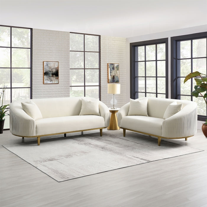 Acme LV03850-51 2 pc Martina ivory velvet fabric pleated curved sides sofa and love seat set gold legs