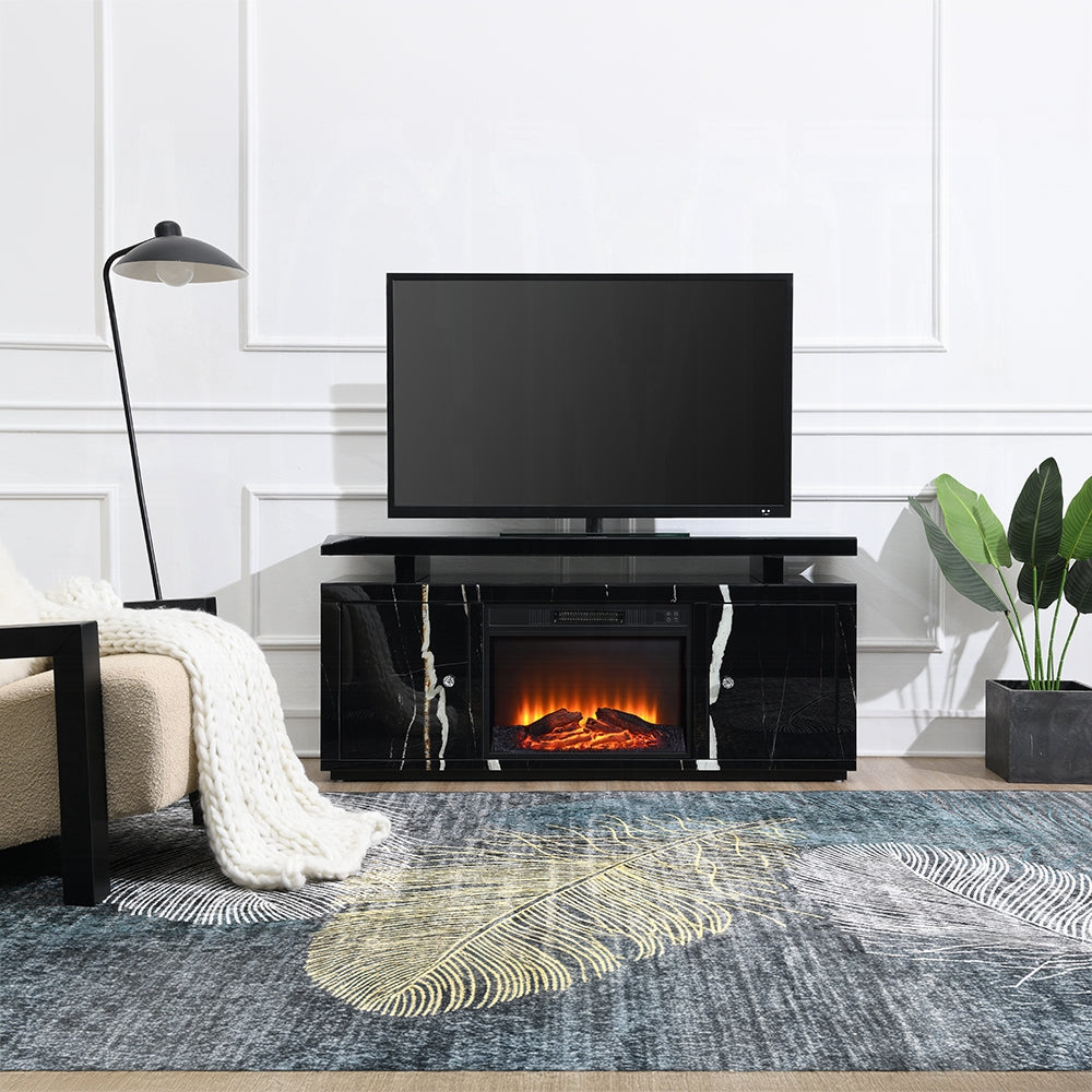 Acme LV03868 Black marbled mirror finish 59" TV stand with built in fireplace unit with remote