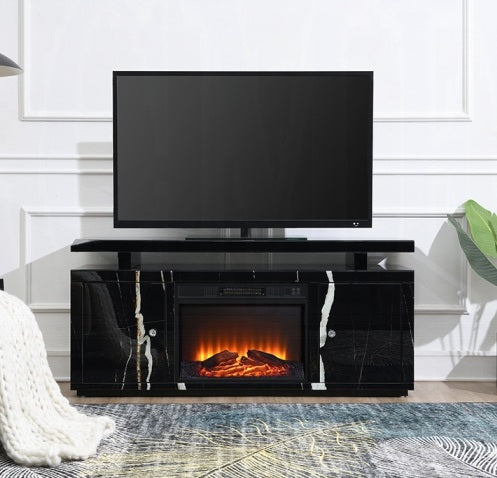 Acme LV03868 Black marbled mirror finish 59" TV stand with built in fireplace unit with remote