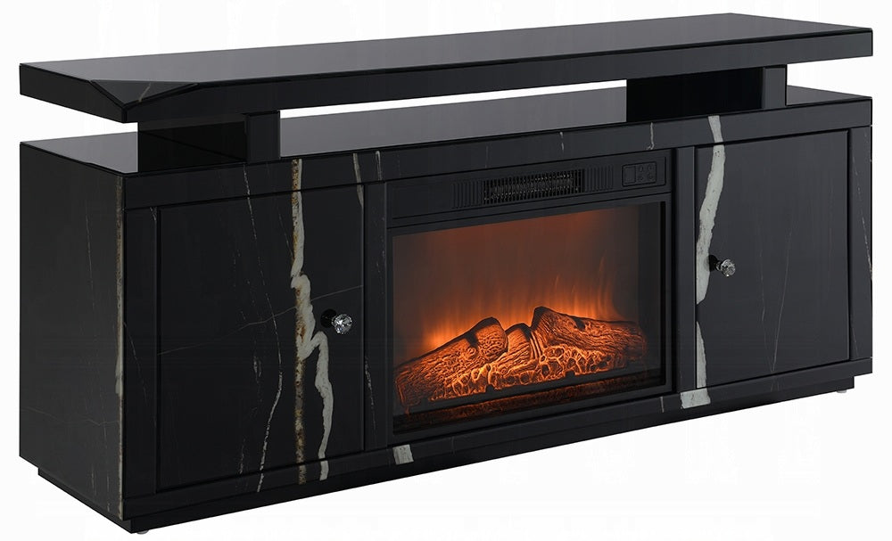 Acme LV03868 Black marbled mirror finish 59" TV stand with built in fireplace unit with remote