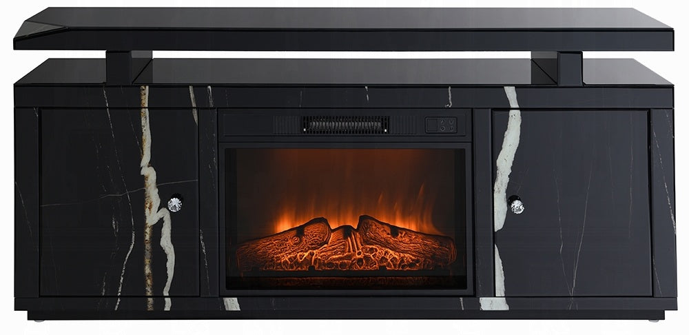 Acme LV03868 Black marbled mirror finish 59" TV stand with built in fireplace unit with remote