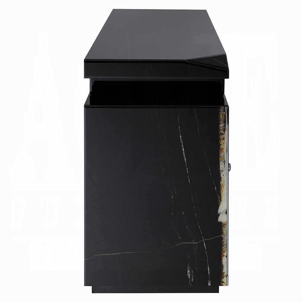 Acme LV03868 Black marbled mirror finish 59" TV stand with built in fireplace unit with remote